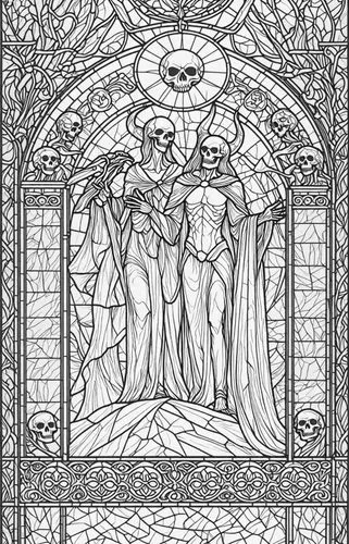 A sinister stained glass window of 2 skeletal figures,coloring page,art nouveau frame,coloring pages,stained glass window,art nouveau frames,frame drawing,frame illustration,stained glass,frame border