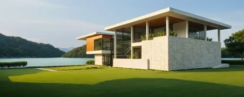 modern office building design,in japan,18.00 pm,an exterior view of a very modern home,house with lake,amanresorts,house by the water,cubic house,cube house,grass roof,Illustration,Realistic Fantasy,R