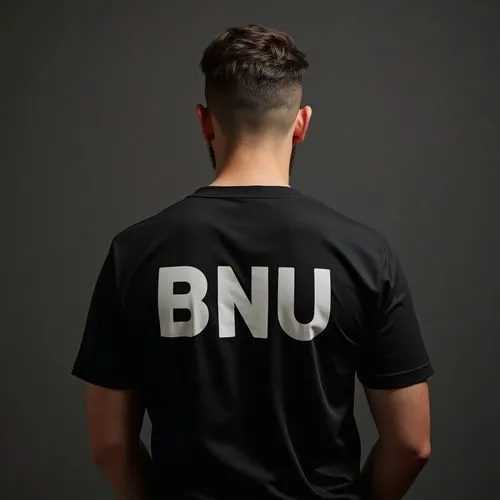 black organization  wearing written bnu  t shirt on ,a young man with a black shirt has a bnu on it,bnu,bpu,bmu,bsu,bju,bnei