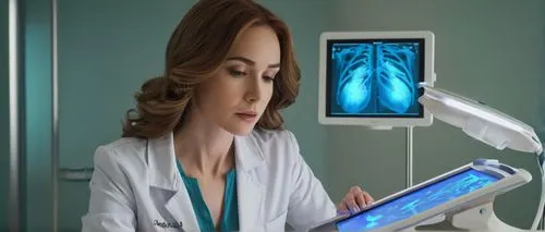 Futuristic laboratory, medical equipment, architectural distortion, breast ultrasound machine, sleek metal body, glowing blue LED lights, transparent glass panel, futuristic UI display, doctor in whit