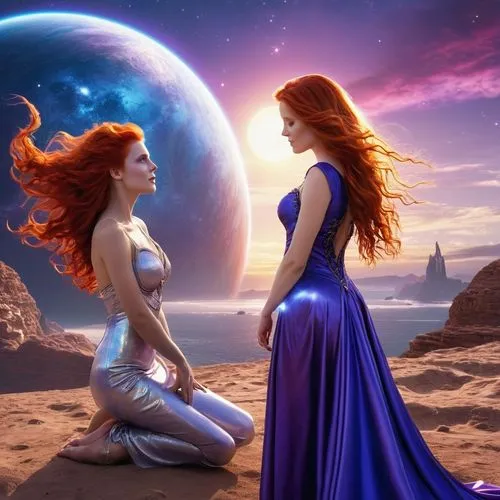 celtic woman,fantasy picture,rhinemaidens,celestial bodies,fantasy art,priestesses,epica,ashtar,sun and moon,nakshatras,goddesses,sci fiction illustration,pleiades,amphitrite,hesperides,frigga,mediumship,garamantes,sorceresses,parallel worlds,Photography,General,Realistic