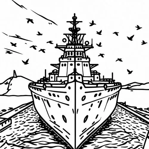 ship with seagulls flying around it,star line art,jmsdf,coloring page,coloring pages,fujima,nautical clip art,Design Sketch,Design Sketch,Rough Outline