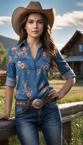 beautiful 25 years old girl with straight long medium brown hair, dark blue eyes and fair skin, wearing a blue shirt with a floral pattern, donning jeans and a cowboy hat, standing in front of a ranch