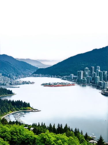 Vancouver cityscape, Canada, modern skyscrapers, Stanley Park, waterfront, Granville Island, misty morning, cloudy sky, Seaplane, Burrard Inlet, North Shore Mountains, lush greenery, urban landscape, 