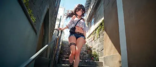 a women who is wearing some underwear on a stairway,girl on the stairs,kantai collection sailor,alley,giantess,street shot,alleyway