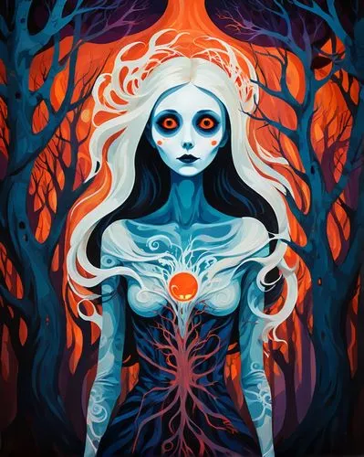 "A minimalist, high-contrast Halloween illustration featuring a glowing white lady with large, spooky round eyes. She is clearly defined with ethereal light, standing in a dark, shadowy forest. The ba