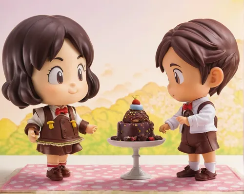 Create a heartwarming story about two chocolate models who come to life and go on a sweet adventure together.,marzipan figures,hiyayakko,little boy and girl,giri choco,honmei choco,kawaii children,chi