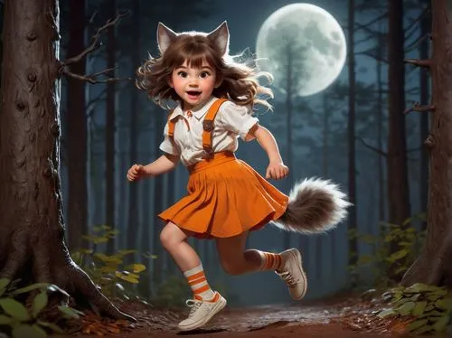 Chibi werewolf, little girl, full moon, night, forest, trees, mist, wolf ears, tail, claws, cute face, big eyes, freckles, messy brown hair, white shirt, orange skirt, striped socks, sneakers, running