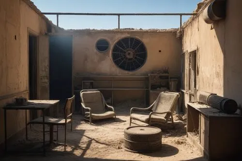 mad max style
sand in the ground 
engine,this is an empty and dirty patio with two chairs,humberstone,arcosanti,abandoned room,abandoned places,caravansary,harran,Photography,General,Natural