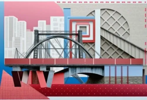 frontal composition of geometric shapes, lines on the theme of a bridge in the city,an illustration of a large blue and red bridge,constructivism,constructivist,archigram,bridge - building structure,i