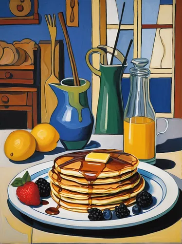 Create a tantalizing recipe for juicy pancakes in a cozy kitchen.,still life with jam and pancakes,breakfast table,david bates,still-life,plate of pancakes,breakfast plate,still life,juicy pancakes,pa