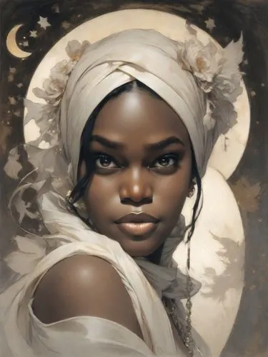 african woman,african american woman,african art,mystical portrait of a girl,fantasy portrait,moorish,nigeria woman,beautiful african american women,black woman,african culture,headscarf,white lady,beautiful bonnet,rem in arabian nights,priestess,african,fantasy art,oil painting on canvas,afro american girls,afro american