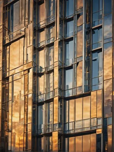 Urban skyscraper, modern architectural style, sleek glass facade, steel framework, intricate details, cityscape background, bustling streets, evening sunset, warm golden lighting, dramatic shadows, hi