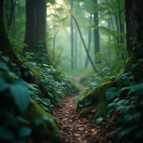 Soothing forest surroundings, lush greenery, vibrant teal accents, earthy brown tones, natural wood textures, wavy leaf patterns, misty morning atmosphere, soft warm lighting, shallow depth of field, 