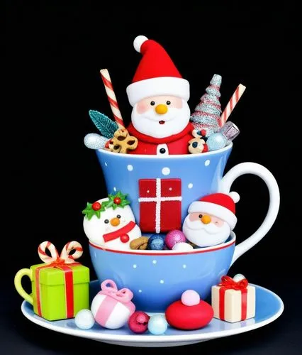 a tea cup with a santa clause in it,christmas items,christmas sweets,cup of cocoa,christmas motif,christmas tins,christmas celebration