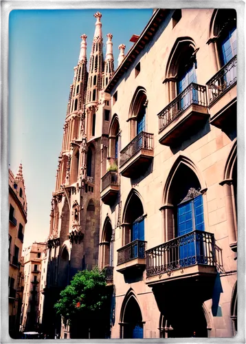 Barcelona, Spain, La Sagrada Familia, Gothic Quarter, narrow streets, traditional Spanish architecture, balconies with flowers, blue sky, warm sunlight, 3/4 composition, shallow depth of field, vibran