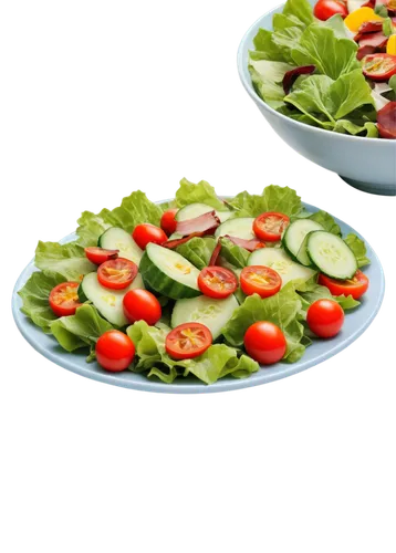 Colorful Polk salad, fresh vegetables, crispy bacon, creamy dressing, lettuce leaves, cherry tomatoes, cucumber slices, carrot sticks, croutons, circular composition, overhead shot, soft natural light