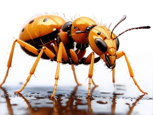 Sugar ant, macro photography, close-up, tiny body, shiny exoskeleton, brownish-yellow color, large head, mandibles open wide, compound eyes, antennae, busy activity, crawling on surface, sweet liquid 