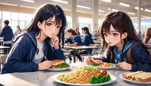 lunchroom,lunchrooms,feast noodles,wagamama,meals,yakisoba,cafeteria,udon,bibimbap,lunches,pasta and beans,soba,two girls,karikomi,canteen,noodle bowl,eatery,anime cartoon,nogaideli,fried noodles,Anime,Anime,General