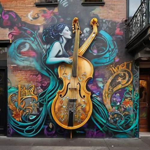 violoncello,cello,double bass,upright bass,bass violin,violin,jazz bass,cellist,painted guitar,violone,octobass,violist,street musician,brooklyn street art,violin player,stringed instrument,mural,street music,treble clef,graffiti art,Photography,Artistic Photography,Artistic Photography 04