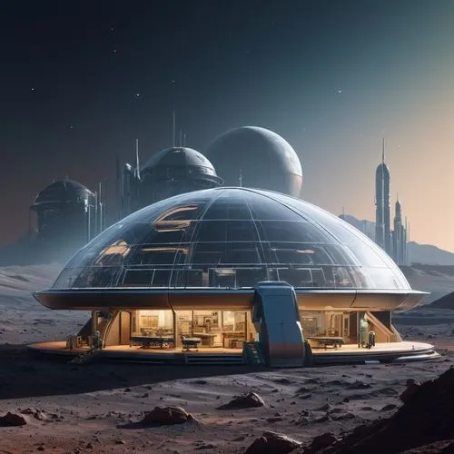 Futuristic, unmanned, lunar architecture, sleek metallic surfaces, neon lights, dome-shaped structure, transparent glass panels, holographic advertisements, robotic maintenance workers, Mars colony, s