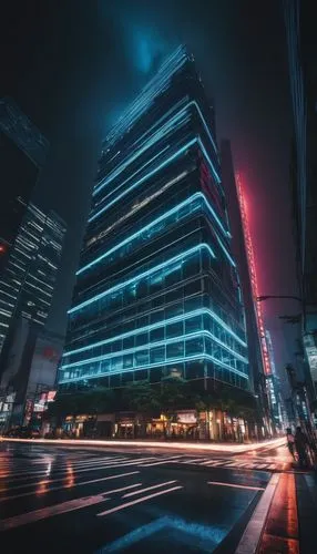 Modern futuristic skyscraper, sleek metallic exterior, reflective glass windows, intricate structural details, angular lines, vibrant neon lights, Tokyo cityscape, night scene, misty atmosphere, cinem