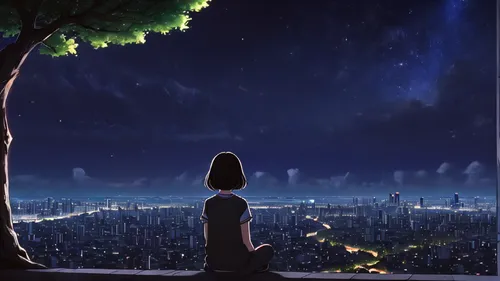 tanabata,starry sky,the night sky,boogiepop,night sky,clear night,night stars,fireflies,nightsky,evernight,city lights,skygazers,tsukihime,starlight,stargazing,hisaishi,falling stars,starbright,overlooking,dream world,Illustration,Japanese style,Japanese Style 05