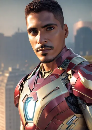 photo of iron man on (top of a building:1.2), (photorealistic, raw, extremely intricate:1.3), dawn, cinematic light, best shadow, looking at viewer, skinny, (detailed skin:1.4), , iron man costume,ton