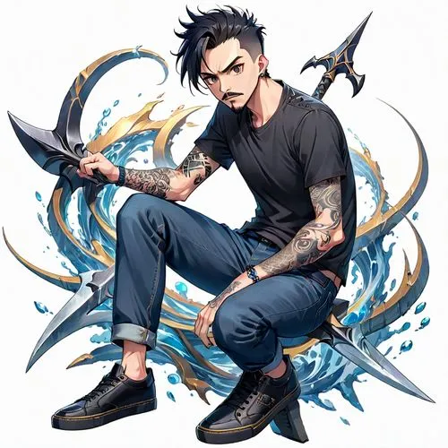 dane axe,gladiolus,daemon,swordsman,shimada,dragon slayer,wrench,male character,game illustration,saw blade,growth icon,edit icon,kenjutsu,butcher ax,axe,life stage icon,pompadour,konstantin bow,devilwood,black dragon,Anime,Anime,General