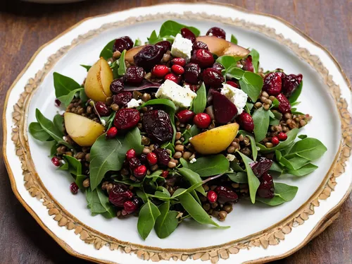 Lentil salad with cranberries, mulled wine pears and goat's cheese in a gingerbread crust,israeli salad,beet greens,freekeh,spinach salad,sea salad,middle-eastern meal,salad niçoise,mediterranean diet