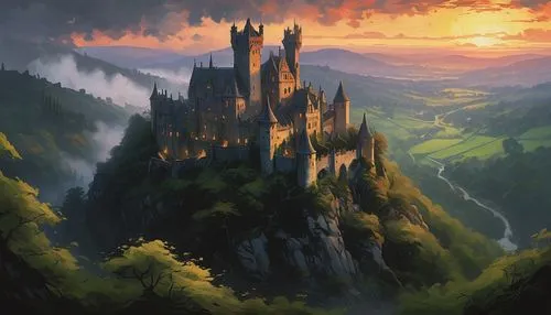 hogwarts,nargothrond,fantasy landscape,gondolin,knight's castle,tirith,fairy tale castle,eyrie,erebor,diagon,beleriand,fairytale castle,eltz,rivendell,castel,castle of the corvin,castle,citadels,highborn,fantasy picture,Conceptual Art,Oil color,Oil Color 18