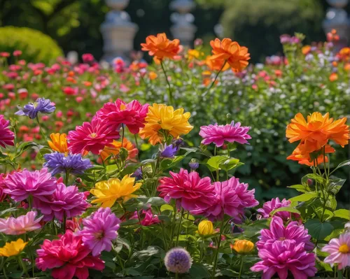 Write a heartfelt poem about the colorful flowers in Schlossgarten.,colorful flowers,flower border,flower garden,blanket of flowers,dahlias,flower borders,zinnias,field of flowers,flowers field,flower