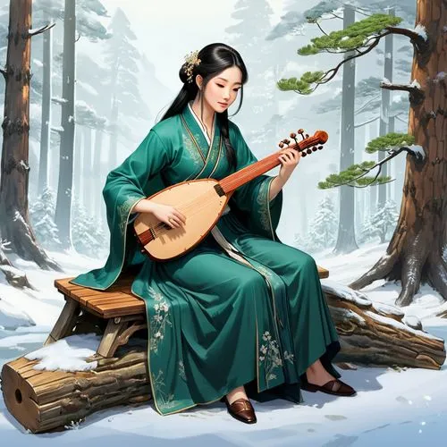 guqin,gayageum,shamisen,hanfu,lutenist,bamboo flute,Unique,Design,Character Design