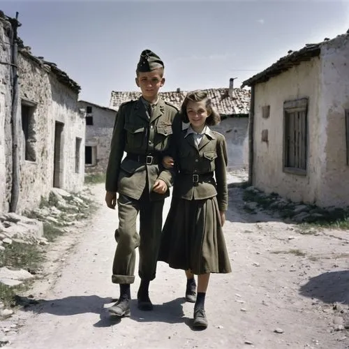 a young school boy, his 13 years old girlfriend, his fahter , 35 in USAAF outgoing uniform,summer 1945 in Kurpakr strolling ,vintage boy and girl,yugoslavians,world war ii,czechoslovaks,colorization,y