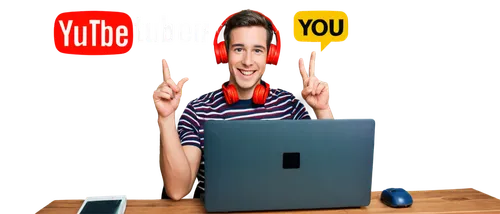 YouTuber, subscribe button, YouTube logo, screenshot, laptop screen, bright lighting, shallow depth of field, colorful background, modern interior, wooden desk, ergonomic chair, headphones, microphone