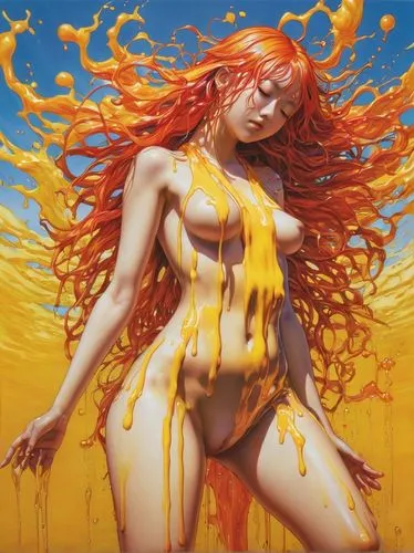 tomatina,giganta,hoshihananomia,siryn,golden shower,yellow orange,asuka langley soryu,splash paint,burning hair,milk splash,hellstrom,bodypaint,struzan,fujiko,palmiotti,wet girl,jasinski,flame spirit,mcniven,orange yellow,Illustration,Japanese style,Japanese Style 18