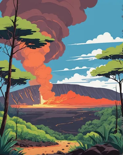 kilauea,volcanic landscape,volcanic field,volcanos,volcanoes,volcano,volcanic,scorched earth,volcanism,forest fire,lava plain,lava,fire mountain,krafla volcano,volcano area,burned land,active volcano,uluru,mushroom landscape,travel poster,Illustration,Japanese style,Japanese Style 06