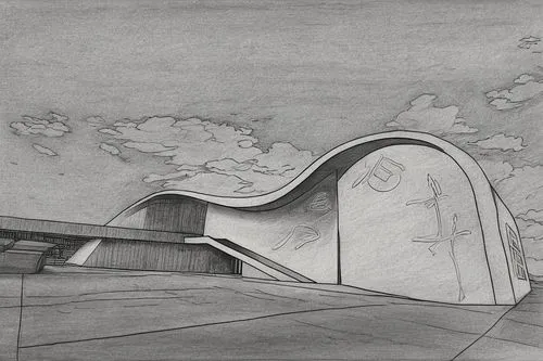 un edificio con un cielo de fondo,a black and white po of a house,niemeyer,archigram,utzon,goetheanum,unbuilt,renderings,Design Sketch,Design Sketch,Pencil