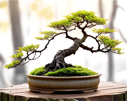 Miniature bonsai tree, Japanese style, curved branches, thick gnarled trunk, small leaves, moss covered pot, rustic wooden base, morning dew, soft natural light, 3/4 composition, shallow depth of fiel