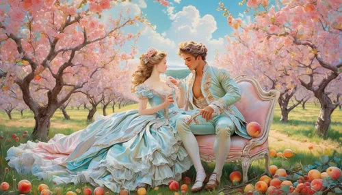 peach tree,young couple,blossoming apple tree,prince and princess,a fairy tale,apple trees,fairy tale,apple tree,apple blossoms,romantic scene,apple orchard,apple pair,courtship,garden of eden,cart of apples,apple blossom,fairytale,children's fairy tale,orchard,love couple,Conceptual Art,Fantasy,Fantasy 24