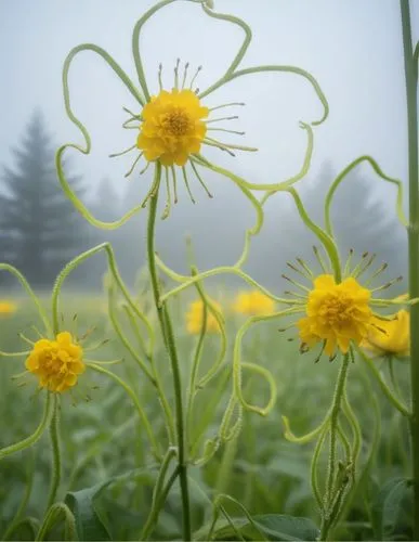 Amidst a gray sky, a cluster of fragrant yellow petals crisscross the ground, their petals striking a gaping point. The sun beats down on the scene, casting a soft, muted color at its base. A few colo