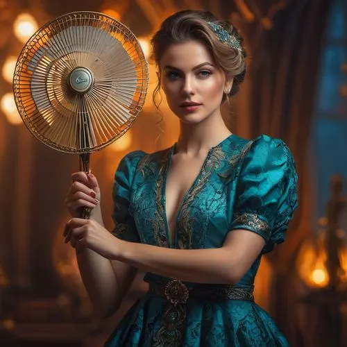 color fan,decorative fan,hand fan,mechanical fan,electric fan,fan,victorian lady,vintage woman,parasol,girl with a wheel,romantic portrait,celtic woman,cinderella,vintage women,the victorian era,blue enchantress,steampunk gears,girl in a historic way,elsa,clockmaker,Photography,General,Fantasy