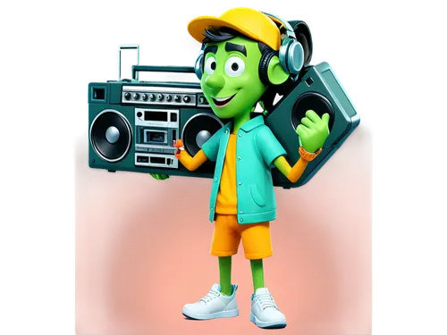 Fart sounds mp3, humorous cartoon character, green skin, goofy expression, holding a boombox, loudspeaker, comedic gestures, dynamic pose, bright colors, exaggerated features, playful atmosphere, soft