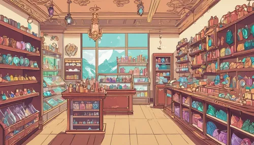 apothecary,pharmacy,soap shop,bookstore,watercolor tea shop,watercolor shops,convenience store,bookshop,book store,pantry,shopkeeper,shelves,gift shop,brandy shop,kitchen shop,flower shop,bookshelves,bookcase,store,grocery,Illustration,Japanese style,Japanese Style 06