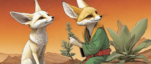 desert fox,altiplano,anthropomorphized animals,kit fox,desert plants,sand fox,vicuña,desert plant,agave nectar,guards of the canyon,vicuna,fennec,two giraffes,antelope,fennec fox,antelopes,whimsical animals,broomrape family,foxes,llamas,Illustration,Japanese style,Japanese Style 11