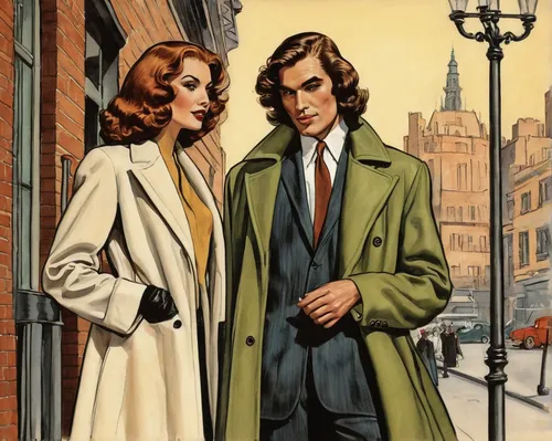 vintage man and woman,vintage boy and girl,clue and white,overcoat,frock coat,spy visual,vintage illustration,ford prefect,woman in menswear,robert harbeck,young couple,man and woman,spy,roaring twenties couple,vintage fashion,men's suit,courtship,menswear for women,vintage clothing,retro women,Illustration,Retro,Retro 06