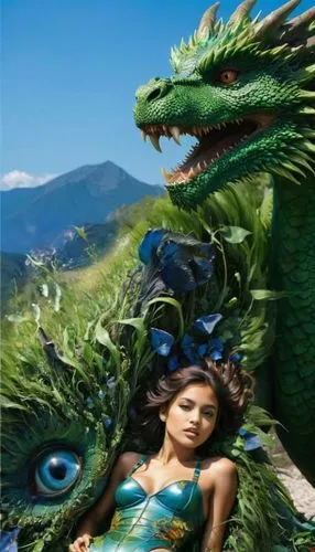 a pretty woman in blue and green bikini next to a dragon,dragones,fantasy picture,dragonheart,dragao,dragon of earth,dragonriders,fantasy art,3d fantasy,encantadia,saphira,amazonas,brisingr,jolin,erag