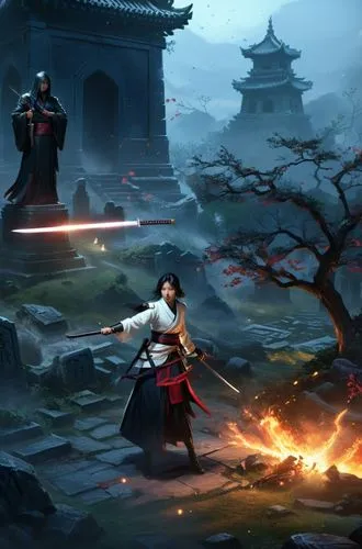 Dynamic action scene in a modern graveyard. A beautiful tall young asian woman with straight black hair and fancy court robes holds a katana and is blocking an attack from an ancient male lich with a 