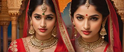 Indian bridal painting, beautiful young woman, traditional red lehenga, intricate golden embroidery, heavy jewelry, maang tikka, nose ring, bangles, anklets, dark hair adorned with flowers, bright red