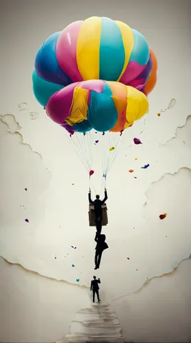 Man carried by balloon following a man walking below, colorful,parachute fly,parachute,parachute jumper,parachuting,parachutist,paratrooper,harness-paraglider,colorful balloons,parachutes,tandem skydi